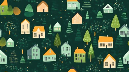 Fototapeta premium Continuous green pattern featuring houses