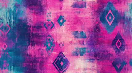 Obraz premium Endless bohemian background featuring a vibrant ink texture Geometric design in pink purple and blue Seamless dirty art style with a hippie influence Abstract pattern reminiscent of colorful batik