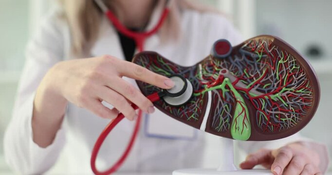Doctor examines a liver model using stethoscope in clinic