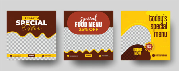 Set of fast food editable Instagram social media post templates. food square banner design template. yellow background color promotional post template design