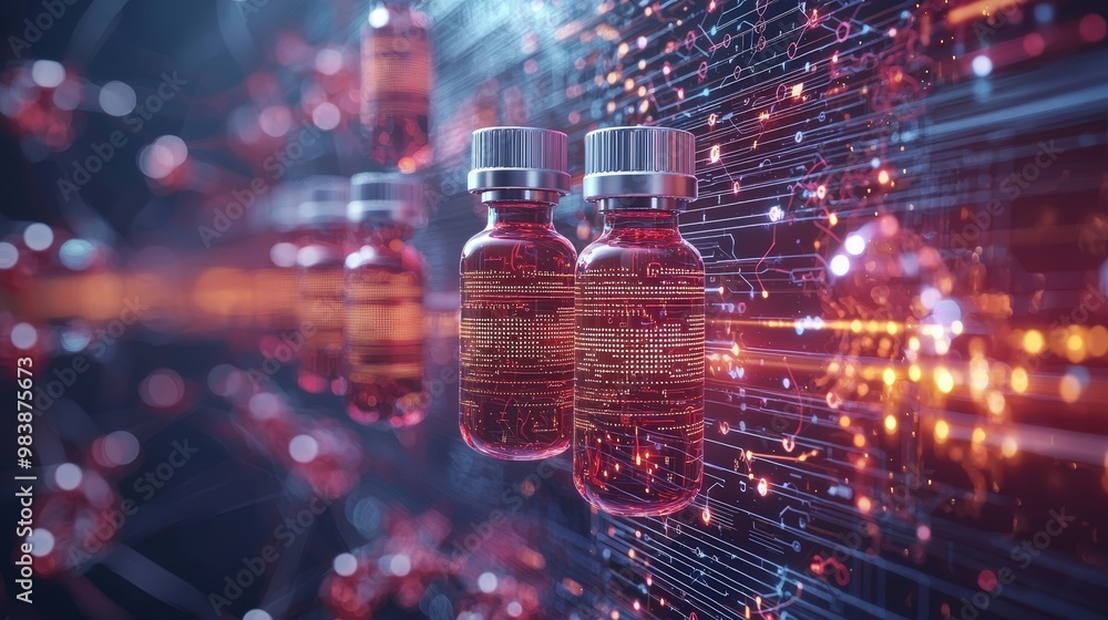 Poster glass bottles with digital network abstract background