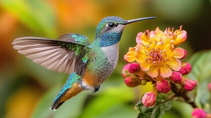 Obraz premium Vibrant Macro Capture of a Hummingbird in Flight with Crystal Clear Wings - Nature's Beauty Close-Up