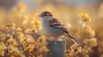 Detailed Close Up of Sparrow Perched on Fence Post with Bokeh Background