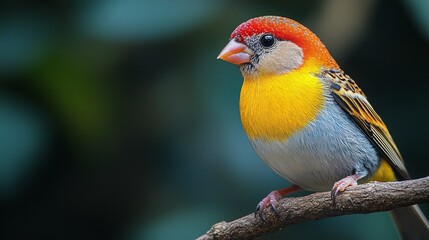 Close-up of a Vibrant Finch with Unique Beak on a Branch Showing intricate Details of its Plumage