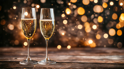 New Year's Eve celebration with champagne glasses and party decorations background