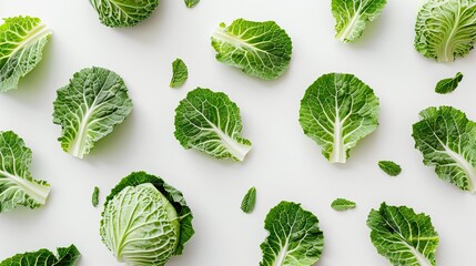 Flat lay of several cabbage leaves spread out in a radial pattern on a white background, emphasizing their natural curves and texture.