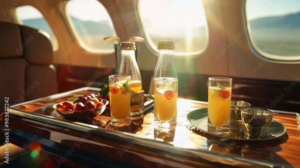 Poster sunlight streams through windows of private jet, illuminating luxurious table set with cocktails and