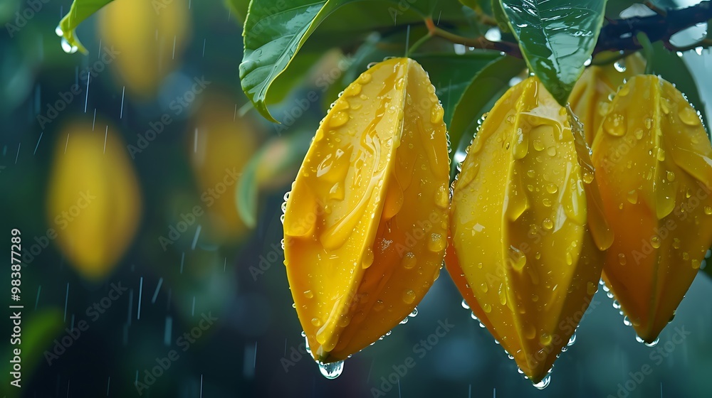 Wall mural Ripe tropical carambola from fruit with leaves of green and drips of water