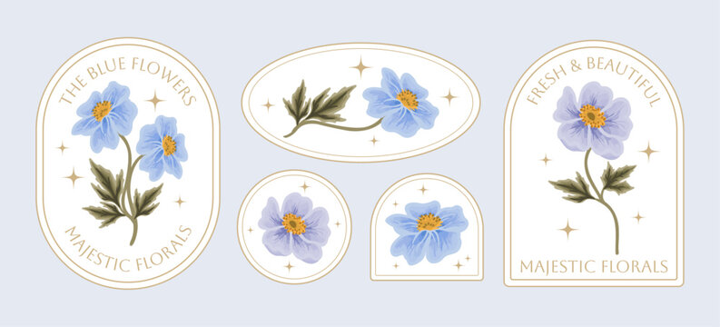 Vintage hand drawn botanical flower logo and label set with rose, daisy, gerbera, peony florals, greeneries illustration, line art frame for decoration, shop branding, beauty and feminine products