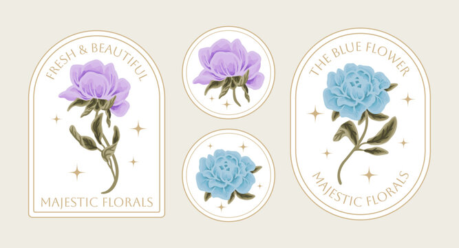 Vintage hand drawn botanical flower logo and label set with rose, daisy, gerbera, peony florals, greeneries illustration, line art frame for decoration, shop branding, beauty and feminine products