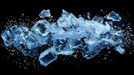 A Cluster of Shattered Ice Cubes Explode in a Symphony of Watery Splatter Against a Dark Background