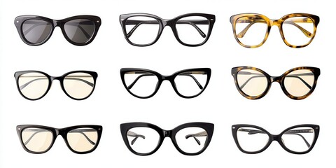 A selection of eyeglasses in different styles and frame shapes, including round,