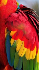 Fototapeta premium Close-up of vibrant parrot feathers with red, yellow, green, and blue colors. Detailed bird plumage. Nature and wildlife concept for posters and wallpapers