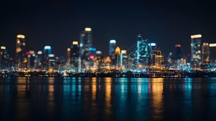 Night City Background with Abstract Line Connections: Tech and Networking Concept