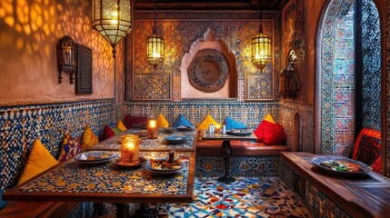 Fototapeta premium Moroccan Restaurant Interior with Intricate Tilework