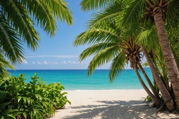 Fototapeta premium green leaves of palm tree and tropical beach