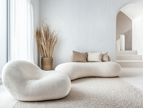 Contemporary living room featuring unique beige furniture and natural decor with soft lighting