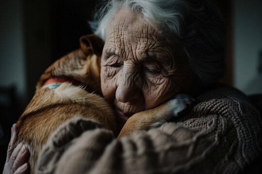 A touching photograph of an older person embracing a dog, capturing a heartfelt moment of love and connection between human and animal companion.