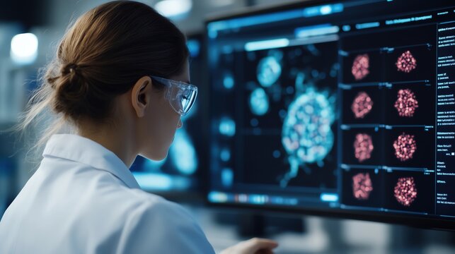 Scientist in a biotech lab using AIdriven analysis to study cell mutations on digital screens
