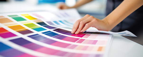 A designer selecting color swatches for a creative project at a workspace filled with vibrant hues and materials