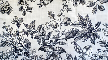 Black and White Floral Pattern on a White Fabric Background,  Featuring Intricate Leaf and Flower Designs,  Creating a Classic and Elegant Look