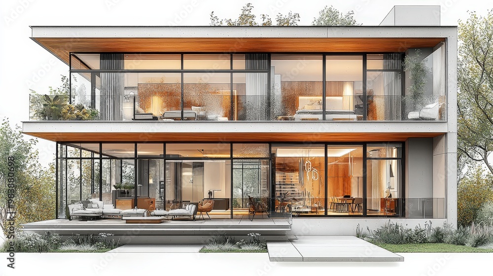 Poster modern architecture sketch two story house with large windows and patio