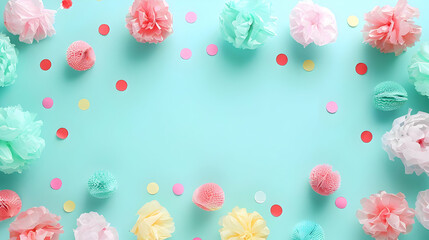 Pastel Pink and Mint Green Paper Flowers and Confetti on a Light Blue Background, Creating a Festive and Cheerful Border