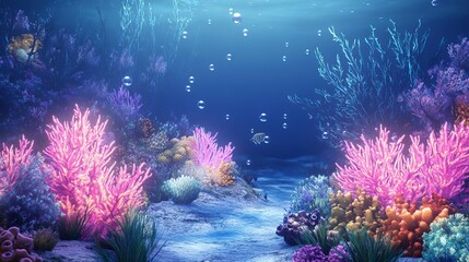 Obraz premium A 3Drendered underwater backdrop with glowing coral, fish, and bubbles rising, creating a magical deepsea environment, cool tones, soft lighting, aquatic mood