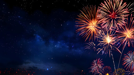 A Night Sky Filled with Fireworks Bursting in Celebration, Illuminating the Milky Way and Sparkling Stars with Vivid Colors