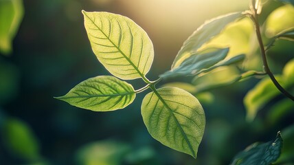 Obraz premium A beautiful fresh green leaf highlighted by the sun. The plant has a beautiful expressive structure. 