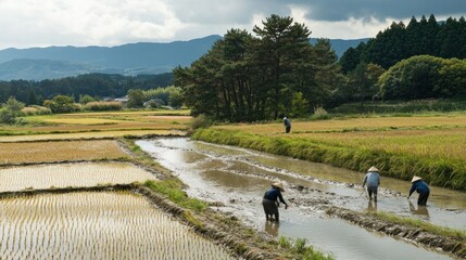Rice Paddy Workers in Rural Japan
