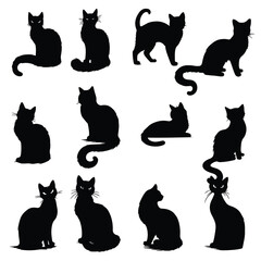 Set of black silhouette cats in different poses