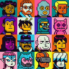 People man and woman character set pixel art flat style, girl, guy, avatar, social net portrait, profile picture. Design of 80s. Game assets. 8-bit. Isolated vector illustration background.