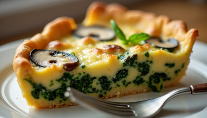 Close-up of a slice of quiche, filled with spinach, mushrooms, and Swiss cheese.