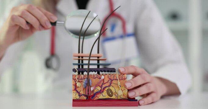 Examination of human skin layers and hair follicles using a magnifying glass.