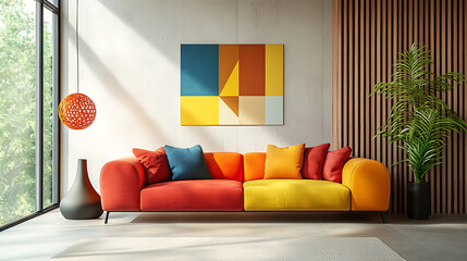 Colorful multicolored sofas, Minimalist interior design of modern living room with colorful multicolored sofa against concrete wall,Japandi, minimalist interior design of modern living room. Ai