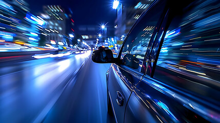 A Car Speeds Through a City at Night with Blurred Lights Creating a Dynamic Background