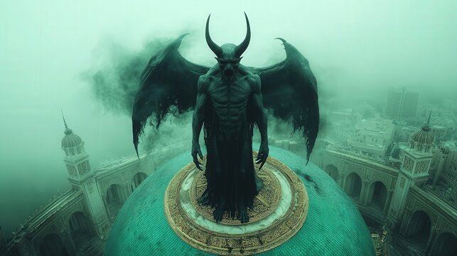 Demon with Wings on a Dome in a Foggy City