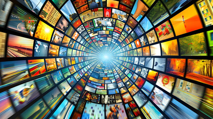 A Digital Tunnel of Colorful Images Forming a Circular Pattern Leading to a Bright White Light