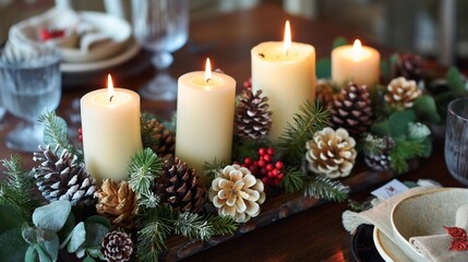 Burning candles illuminate a festive christmas centerpiece resting on a table with christmas dinnerware, creating a warm and inviting new year holiday atmosphere at home or restaurant