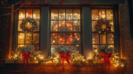 Obraz premium Christmas wreaths and glowing fairy lights are decorating the windows of a house, creating a magical festive holiday atmosphere in the evening outdoor. New year decor for home exterior and interior