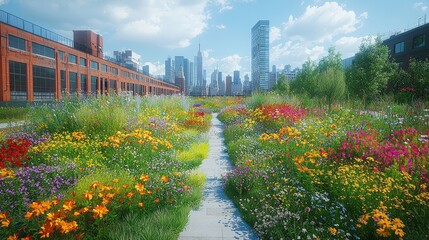 Obraz premium Urban Garden Path With Flowers and Skyscrapers in Background