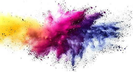 Fototapeta premium Vibrant Abstract Explosion of Yellow, Pink, and Blue Powder on a White Background - A Stunning Visual of Color and Movement