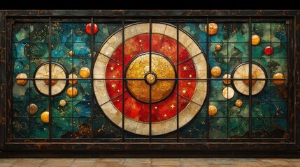 Abstract Stained Glass Window with Circular Shapes and Stars