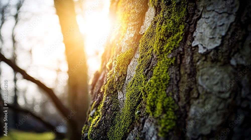 Poster close-up of a tree trunk covered in moss with the sun shining through the branches.