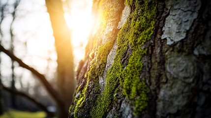 Close-up of a tree trunk covered in moss with the sun shining through the branches.