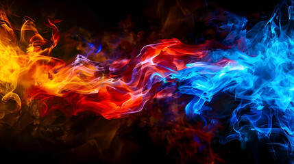 Fototapeta premium Abstract Fire and Ice Smoke Design, Dynamic Swirling Colors, Vivid Red, Orange, and Blue Hues Against a Dark Background, Creating a Striking Visual Contrast