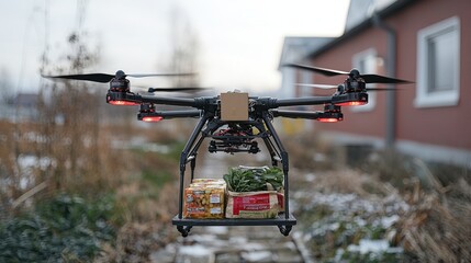 Drone Delivery of Groceries in Winter Landscape