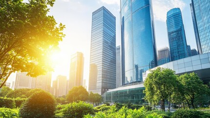Fototapeta premium Towering Skyscrapers in Lush Urban Greenery at Sunset