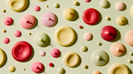 Abstract Background of Colorful Droplets Arranged on a Light Green Surface, a Playful and Vibrant Design with Smooth, Shiny Texture